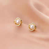 925 Silver Pearl Zircon Pierced Stud Earrings Wedding Jewelry Gift
