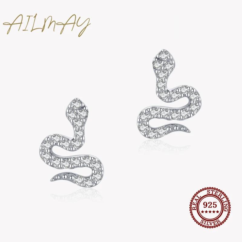 Genuine 925 Silver Snake Stud Earrings Women Party Jewelry Brincos