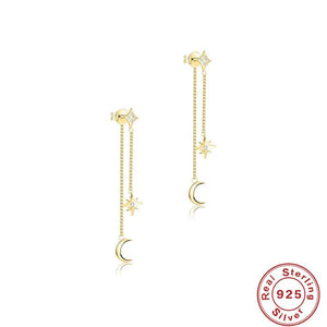 S925 Silver Long Tassel Chain Star Moon Stud Earrings For Women