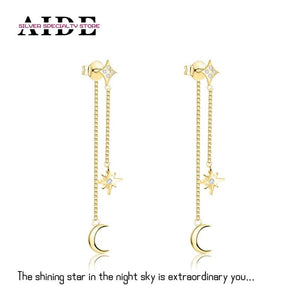 S925 Silver Long Tassel Chain Star Moon Stud Earrings For Women