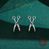 925 Silver Small Scissors Earrings CZ Studs Women Fine Jewelry