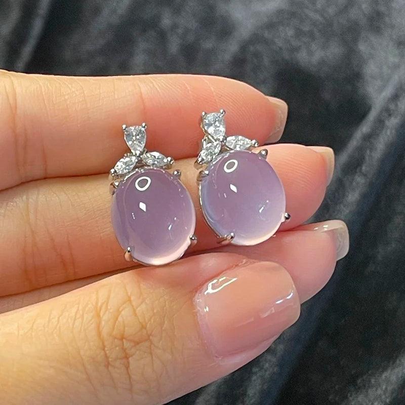 Ice Romantic Violet Chalcedony Oval Earrings Sweet Silver Jewelry