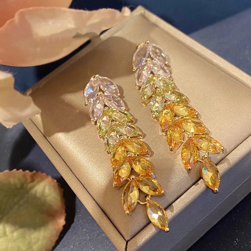 925 Silver Golden Wheat Tassel Earrings Zircon Jewelry