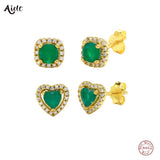925 Silver Heart Emerald Diamond Stud Earrings Zircon Piercing Studs