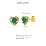 925 Silver Heart Emerald Diamond Stud Earrings Zircon Piercing Studs