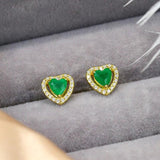925 Silver Heart Emerald Diamond Stud Earrings Zircon Piercing Studs