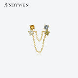 925 Silver Chain Rainbow CZ Stud Earring Clip Line Crystal Women Jewelry