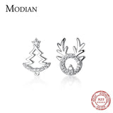 925 Silver Asymmetrical Elk Stud Earrings Christmas Tree Design