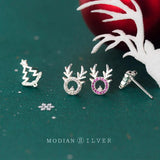 925 Silver Asymmetrical Elk Stud Earrings Christmas Tree Design