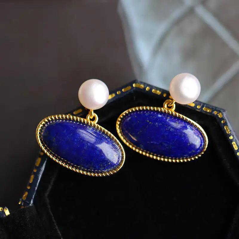 Vintage Inlaid Pearl Lapis Earrings Retro Art Jewelry