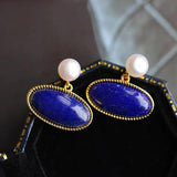 Vintage Inlaid Pearl Lapis Earrings Retro Art Jewelry