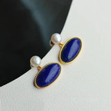 Vintage Inlaid Pearl Lapis Earrings Retro Art Jewelry