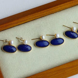 Vintage Inlaid Pearl Lapis Earrings Retro Art Jewelry