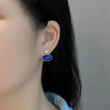 Vintage Inlaid Pearl Lapis Earrings Retro Art Jewelry
