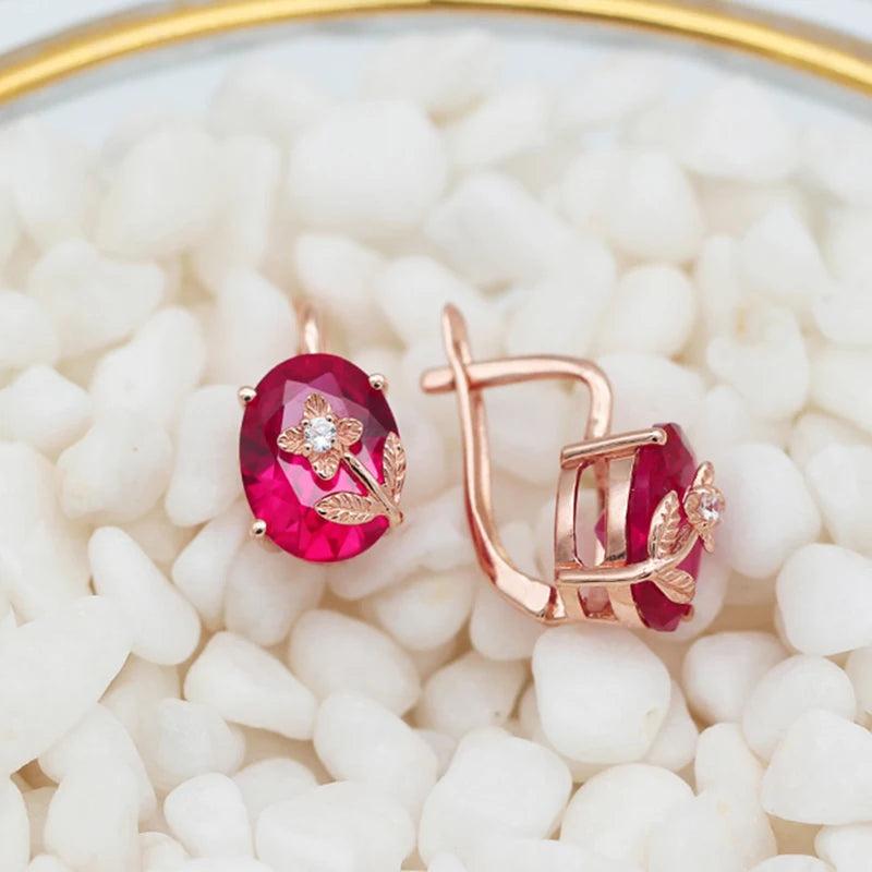 14K Rose Gold Ruby Flower Earrings for Women