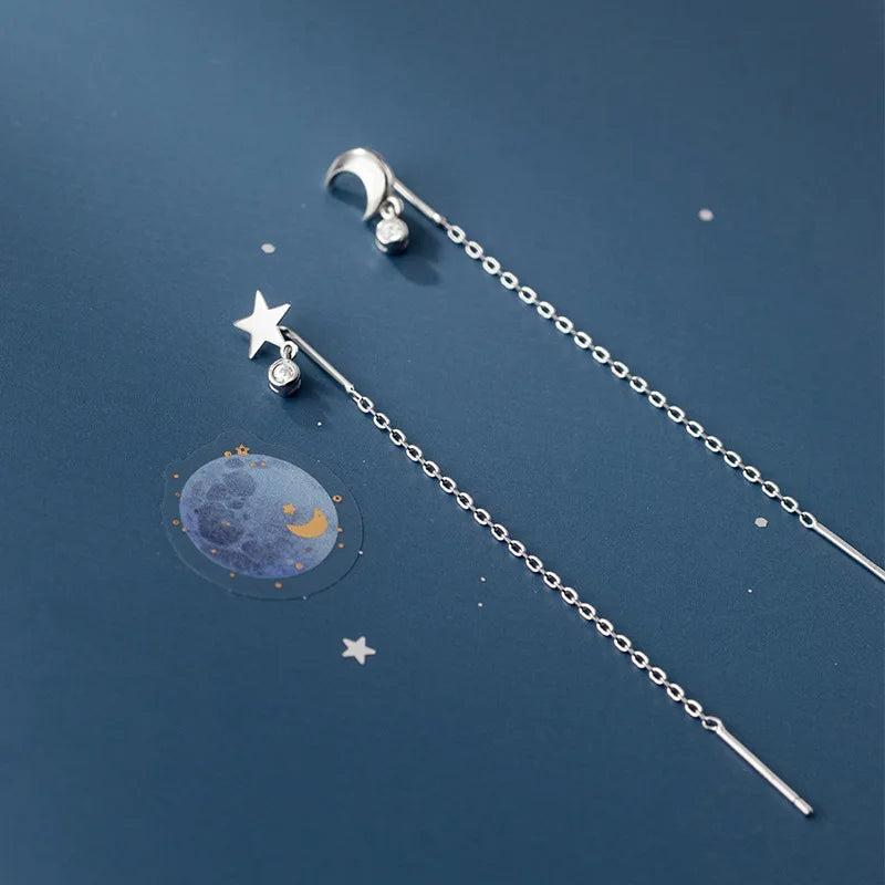 925 Silver Star & Moon Pull Through Threader Earrings with Zircon