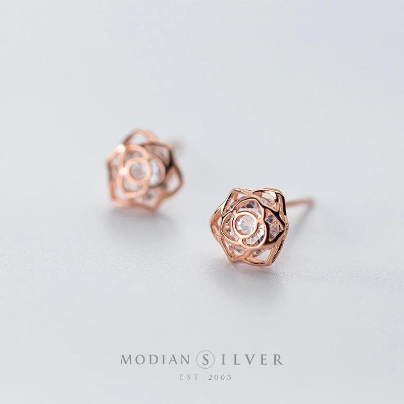 Sterling Silver Rose Flower Stud Earrings with Clear Zirconia