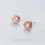 Sterling Silver Rose Flower Stud Earrings with Clear Zirconia