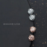 Sterling Silver Rose Flower Stud Earrings with Clear Zirconia