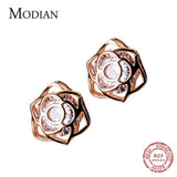 Sterling Silver Rose Flower Stud Earrings with Clear Zirconia