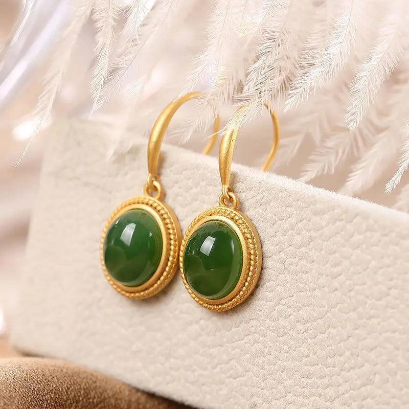 Autumn Hetian Jade Green Oval Earrings Silver Jewelry