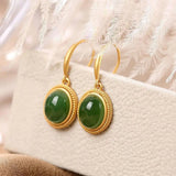 Autumn Hetian Jade Green Oval Earrings Silver Jewelry