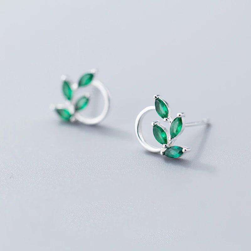 MloveAcc Green CZ Stud Earrings 925 Silver Spring Leaves