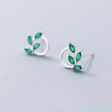 MloveAcc Green CZ Stud Earrings 925 Silver Spring Leaves
