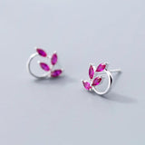 MloveAcc Green CZ Stud Earrings 925 Silver Spring Leaves
