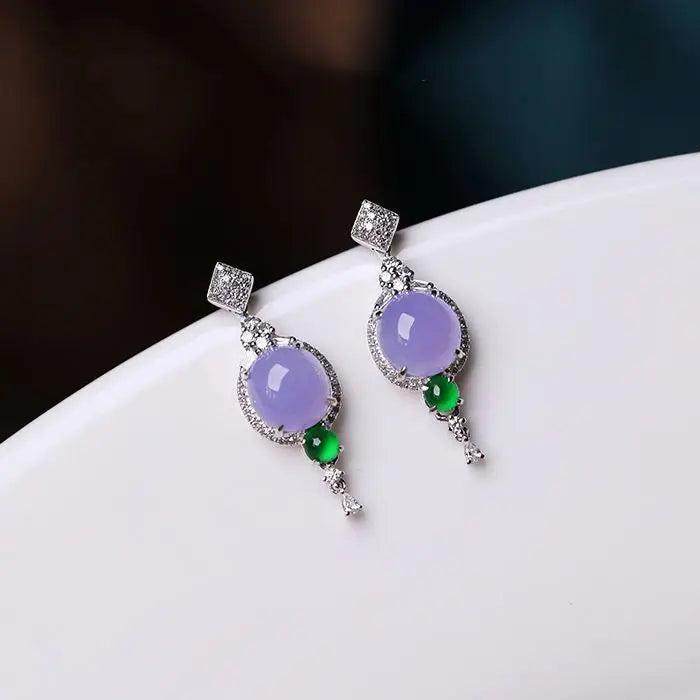 Silver Inlay Ice Purple Chalcedony Egg Earrings