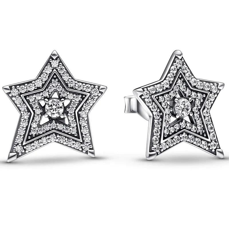 Celestial Asymmetric Star Earrings Crystal Women 925 Sterling Silver DIY Jewelry