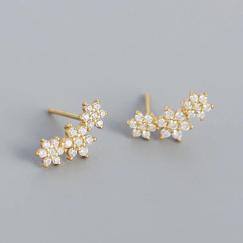 925 Silver Plum Flower Stud Earrings White/Black Crystal Zircon