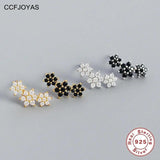 925 Silver Plum Flower Stud Earrings White/Black Crystal Zircon