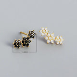 925 Silver Plum Flower Stud Earrings White/Black Crystal Zircon
