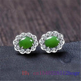 Green Jade Ear Studs Natural Chalcedony Zircon 925 Silver