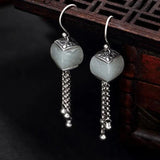 Hetian Jade Pattern Tassel Earrings Silver Jewelry
