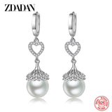 925 Silver Pearl Heart Dangle Earrings Wedding Jewelry Gift