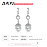 925 Silver Pearl Heart Dangle Earrings Wedding Jewelry Gift