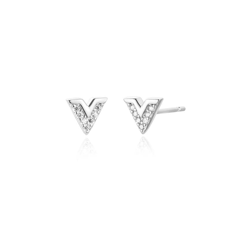 925 Sterling Silver V Zircon CZ Stud Earring Piercing Clips Women Fine Jewelry