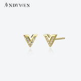 925 Sterling Silver V Zircon CZ Stud Earring Piercing Clips Women Fine Jewelry