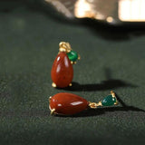 Hetian Yunan Red Tourmaline Drop Earrings, Retro Silver Jewelry