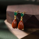 Hetian Yunan Red Tourmaline Drop Earrings, Retro Silver Jewelry