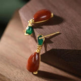 Hetian Yunan Red Tourmaline Drop Earrings, Retro Silver Jewelry