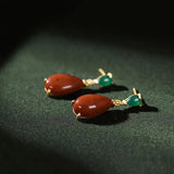 Hetian Yunan Red Tourmaline Drop Earrings, Retro Silver Jewelry