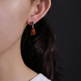 Hetian Yunan Red Tourmaline Drop Earrings, Retro Silver Jewelry