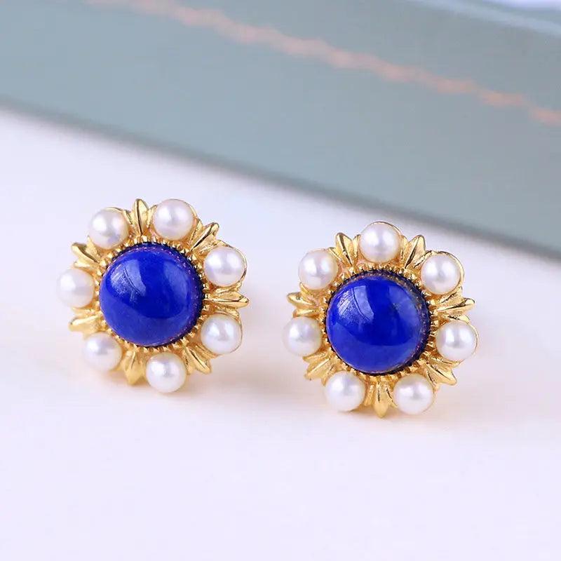 Inlaid Pearl Sun Flower Lapis Earrings Ladies Silver Jewelry