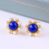 Inlaid Pearl Sun Flower Lapis Earrings Ladies Silver Jewelry