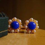 Inlaid Pearl Sun Flower Lapis Earrings Ladies Silver Jewelry