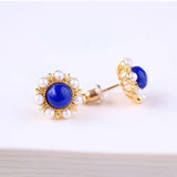 Inlaid Pearl Sun Flower Lapis Earrings Ladies Silver Jewelry