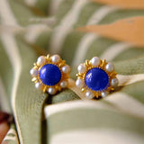 Inlaid Pearl Sun Flower Lapis Earrings Ladies Silver Jewelry